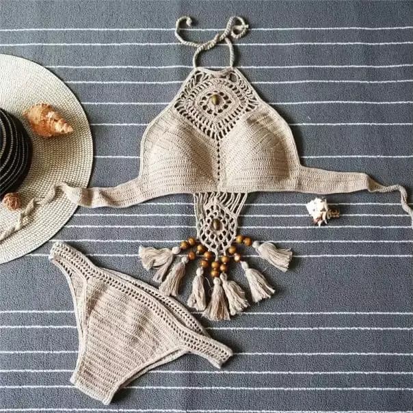 Maillot de bain crochet style bohème, bikini 2024 ogo, col haut, fait à la main, pour la plage