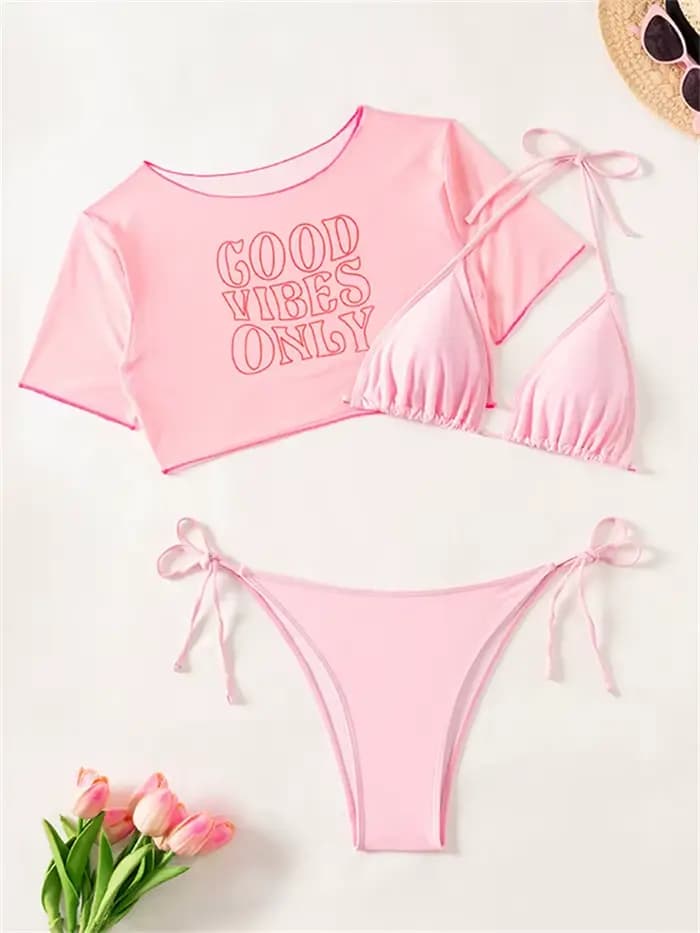 Maillot de bain bikini femme 2026 Nouveau ensemble rose sexy à bretelles avec manches courtes et let