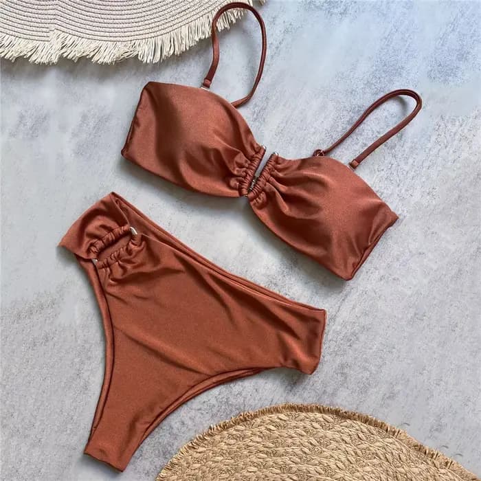Marron brillant U en forme de Bikini taille haute Sexy maillot de bain femmes 2026 froissé maillots 