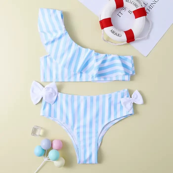 Filles à volants nœud Bikini deux pièces maillot de bain enfants rayé une épaule maillots de bain po