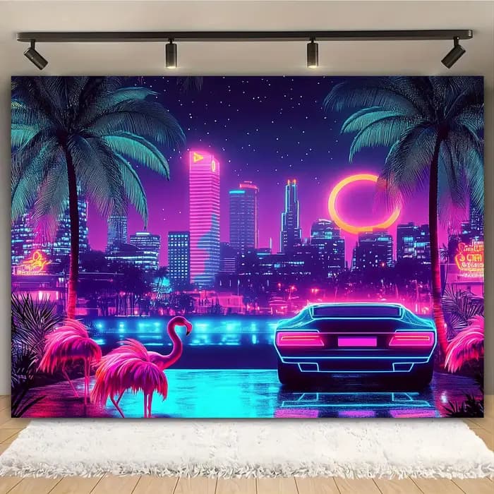 Une pièce, fond de thème tropical disco d'été rétro néon Miami années 80, polyester, adapté aux mari