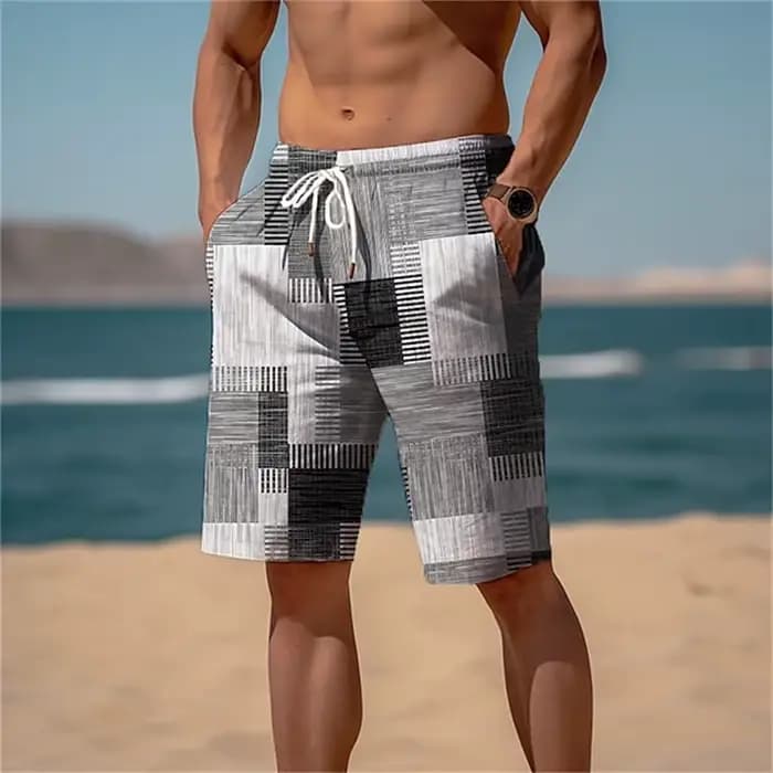 Short de plage hawaïen à séchage rapide, imprimé à carreaux coloré, short de glace décontracté, mail