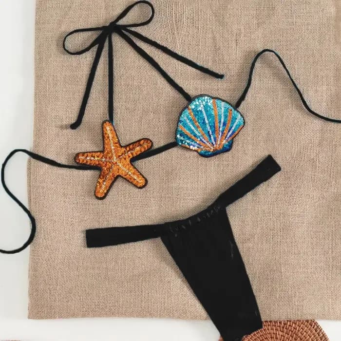 Ensemble de bikini étoile de mer à sequins brillants pour femme, maillot de bain sexy push-up plissé