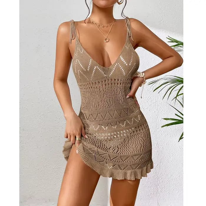 Robe de plage courte, sexy, col licou, moulante, ajourée, transparente, jupe, protection solaire, co