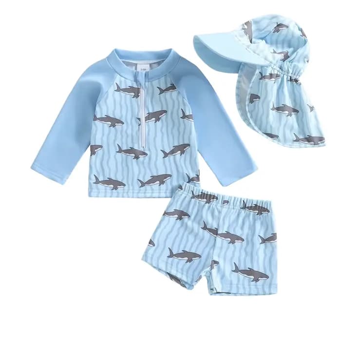 Maillot de bain Rash Guard pour bébé garçon, manches longues, imprimé requin et voilier, avec chapea