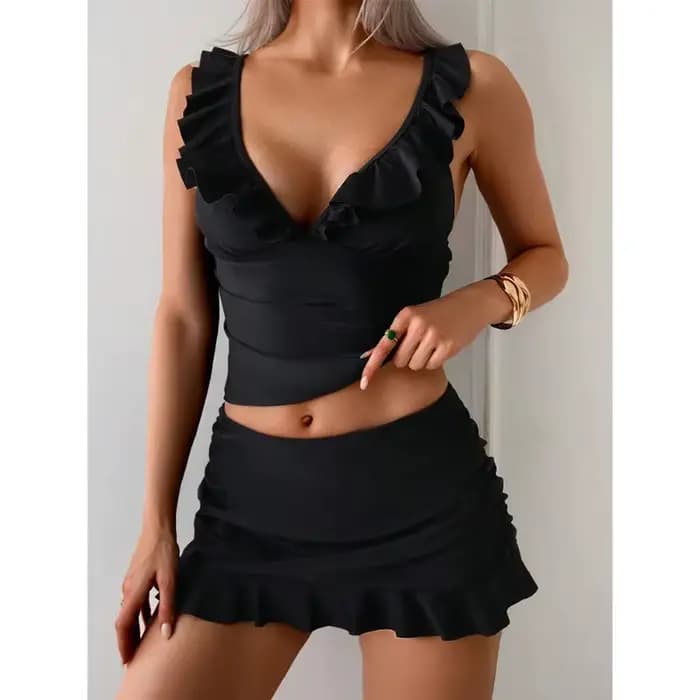 Maillot de bain bikini à volants pour femme, ensemble 3 pièces avec jupe, col en V, taille haute, no
