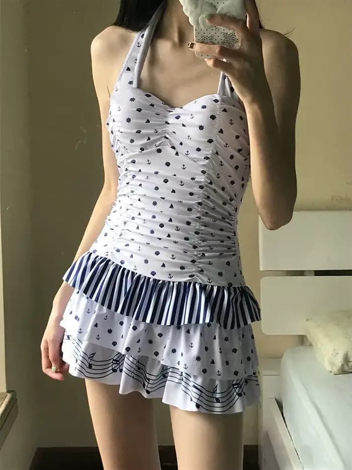 Maillot de bain une pièce froncé Kawaii pour femme, imprimé ancre marine 2026, col halter, jupe à vo