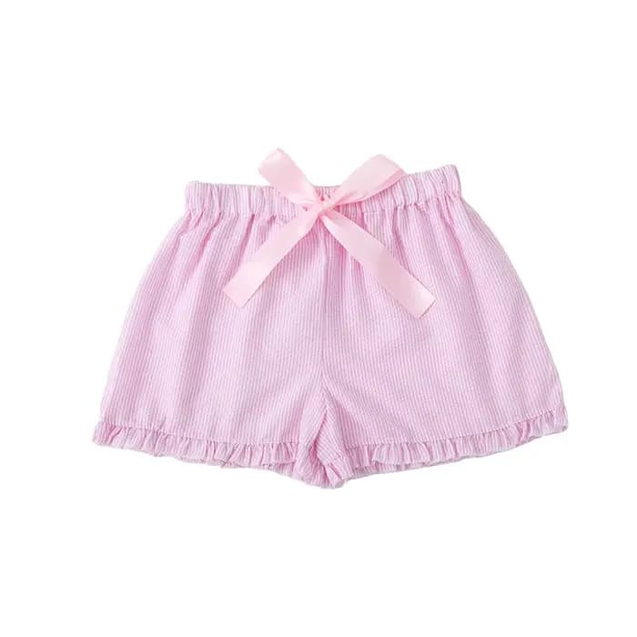 Shorts en seersucker pour femmes, shorts roses rayés, shorts à cordon de serrage avec bordure à vola