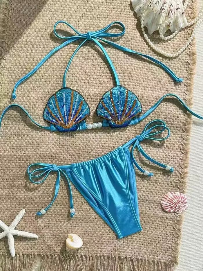 Ensemble de bikini halter brodé de coquillages pour femme Betawoo, maillot de bain deux pièces style