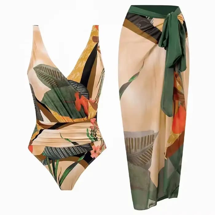 Vintage femmes flore imprimé Bikini ensembles maillot de bain et jupe Sexy asymétrique une pièce mai