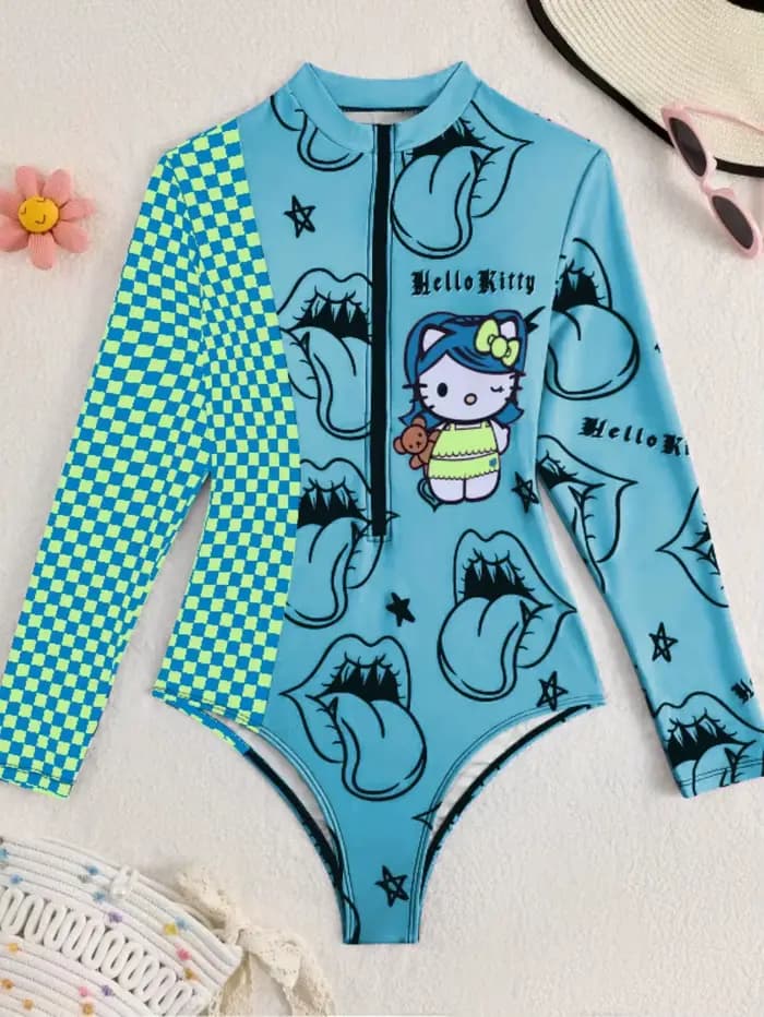 Ensemble de bikini bandeau bleu clair Hello Kitty pour femme, maillot de bain côtelé à nouer sur les