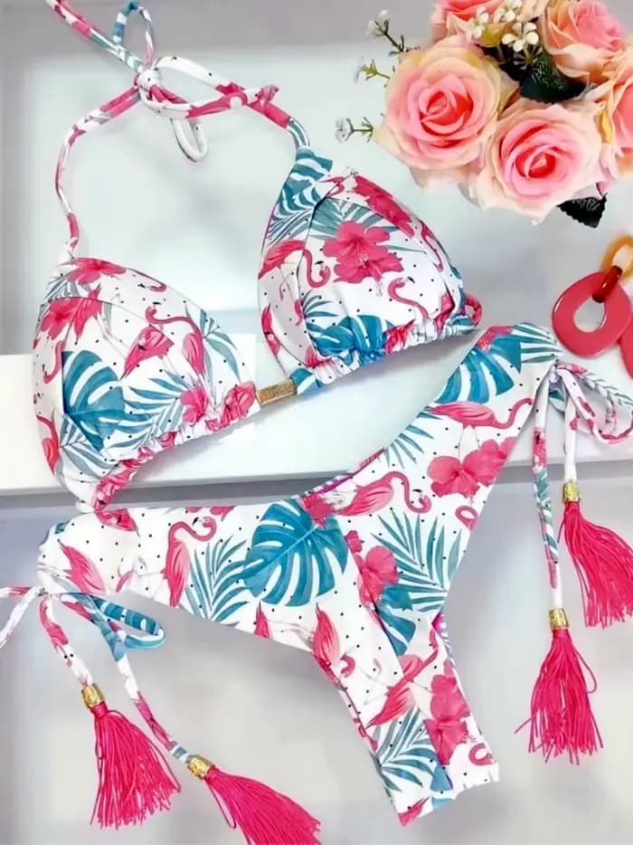 Ensemble de maillot de bain bikini à franges pour femme - Taille basse imprimée avec lien à nouer | 