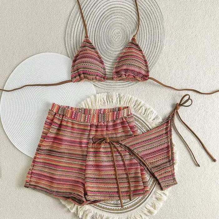 Ensemble de bikinis sexy en tricot rayé à nouer autour du cou, trois pièces avec short, maillots de 