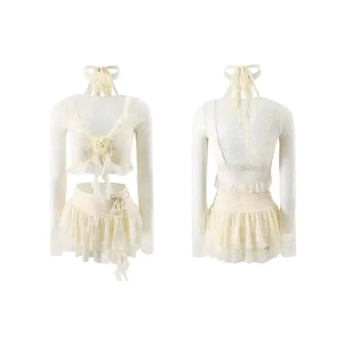 Maillot de bain quatre pièces à volants en dentelle à manches longues, style jupe, motif floral, col