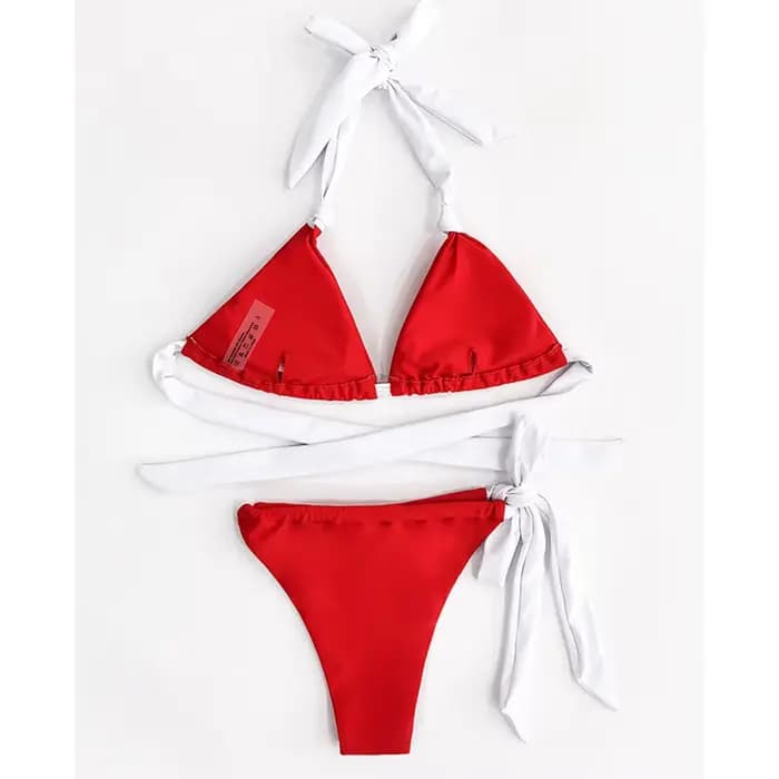 Maillot de bain rouge avec bandeau blanc, sexy, col licou, ensemble deux pièces, avec coussretours d