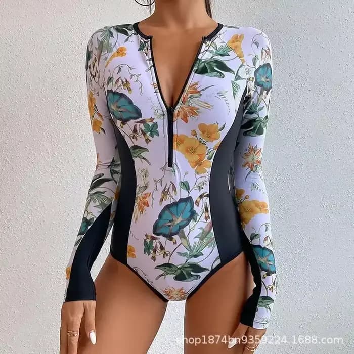Maillot de bain une pièce à manches longues pour femme, costume de batterie, vêtements de plage, bai