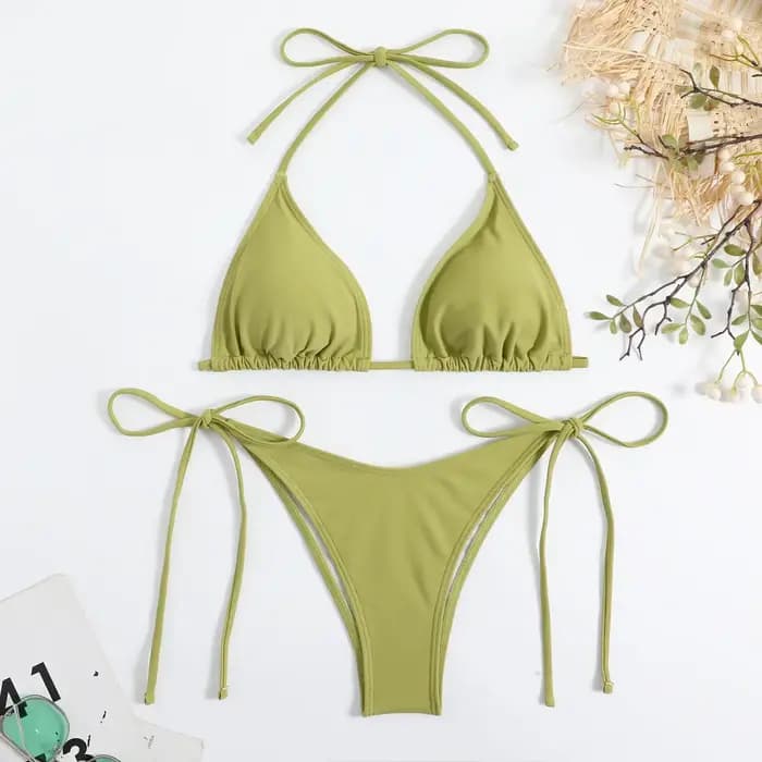 Sexy femmes string couleur unie Bikini ensemble femmes côté licou cravate maillot de bain sangle fen