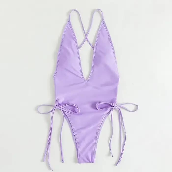 Maillot de bain une pièce plongeant, sexy, à lacets, couleur unie, pour femmes, monokini échancré, v