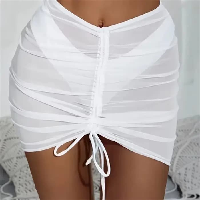 Nouvelle Jupe de Plage Translucide en Maille avec Cordon de Serrage, Jupe en Gaze Unie, Jupe Courte 