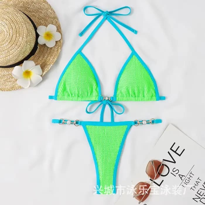 Maillot de bain deux pièces pour femmes, col licou, ensemble deux pièces, vêtements de plage, String