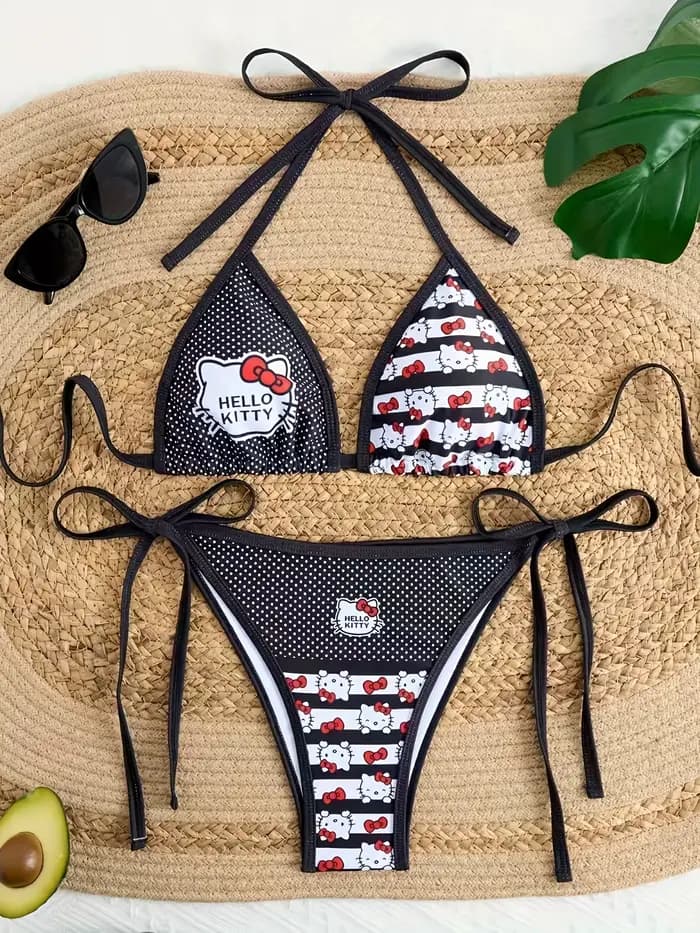Ensemble bikini Hello Kitty pour femme, maillot de bain 2 pièces avec imprimé dessin animé mignon, b