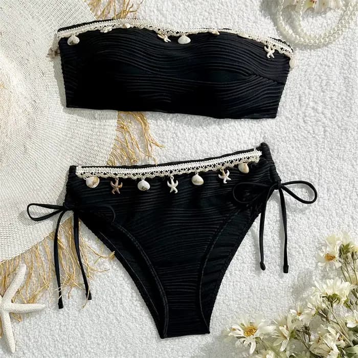 Maillot de bain vintage noir à bretelles croisées, dos nu, avec bordure étoilée, style bohème pour f