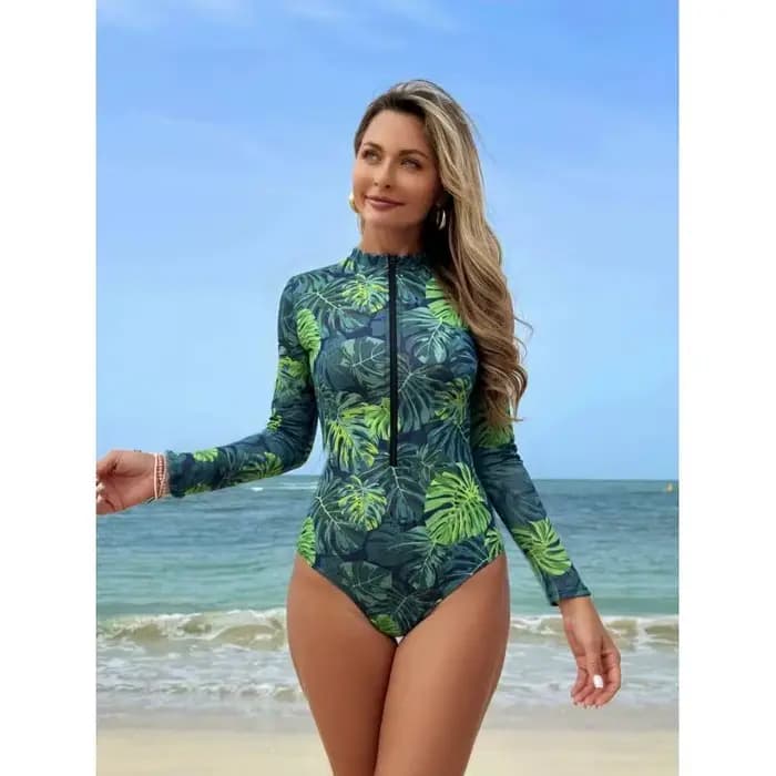 Maillot de bain intelligent à imprimé tropical pour femme avec fermeture éclair, sport, protection s