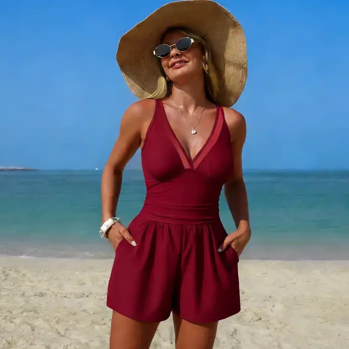 Nouveau Maillot de Bain Une Pièce Femme 2026 Couleur Unie avec Poche Sportif Conservateur Haute Élasticité Sans Manches Course Fitness