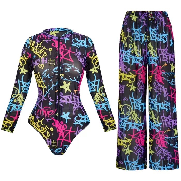 Manches longues crème solaire maillot de bain pantalons longs ensemble femmes noir géométrie imprimé fermeture éclair