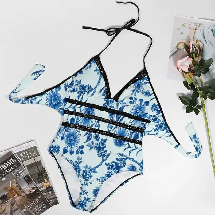 Retro Blue Flower Swimsuit Willow Floral Print Push Up Swimwear One Piece High Cut Bathing Suits Sexy Stylish Swimsuits Big Size