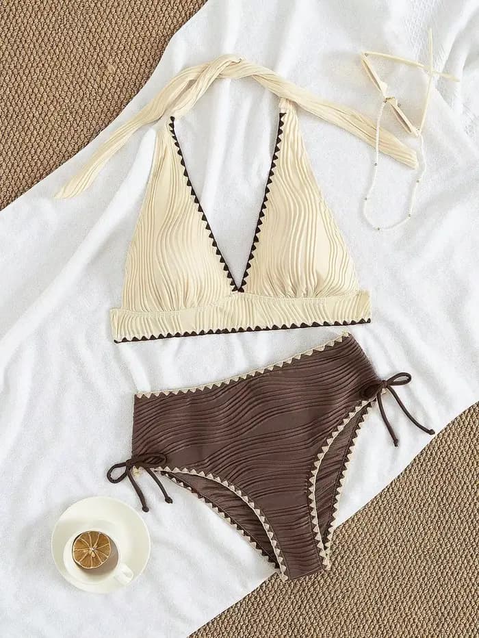 Ensemble de bikini taille haute pour femme, maillot de bain en dentelle, col halter en V, tenue de plage estivale, maillot de bain côtelé sexy