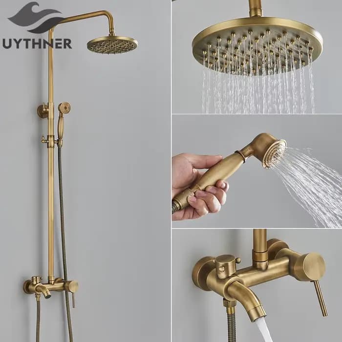 Ensemble de douche et robinetterie de bain en laiton antique, mitigeur de bain et douche, pommeau de douche pluie de 8 pouces, pour baignoire, fixation murale