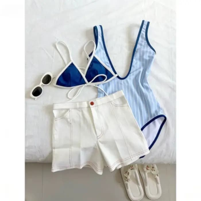 Maillot de bain une pièce rayé bleu et blanc Y2k pour femme, style plage, coupe ajustée, sexy, élégant, pour les vacances d'été