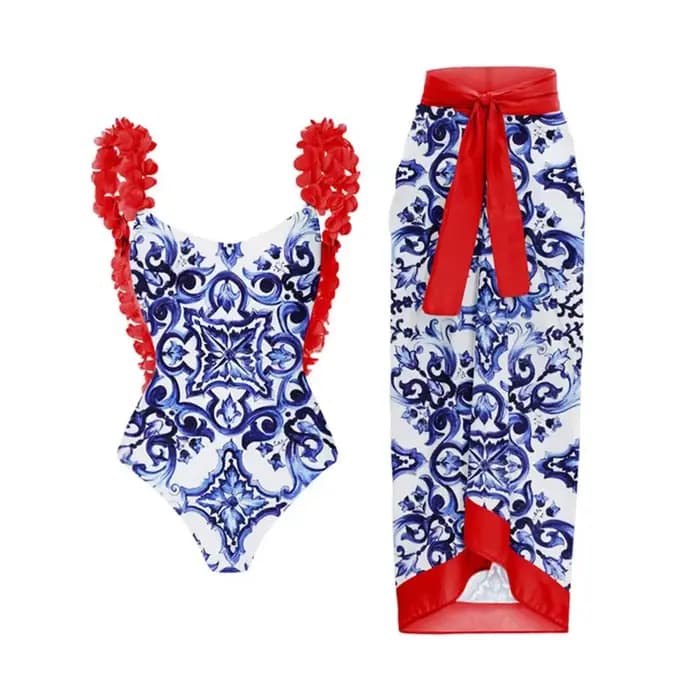 Maillot de bain une pièce imprimé bleu pour femme, bikini à la mode, couverture avec jupe, bandage serré, luxe, élégant, été, plage