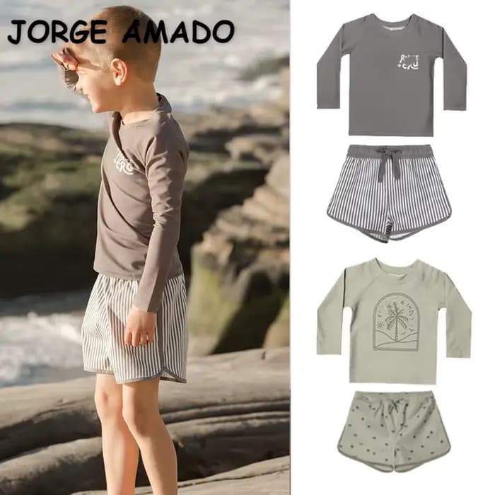 Maillot de bain pour bébé garçon, imprimé mignon, col rond, haut à manches longues + short à taille élastique, maillot de bain fendu, protection solaire, vêtements de plage, E23296