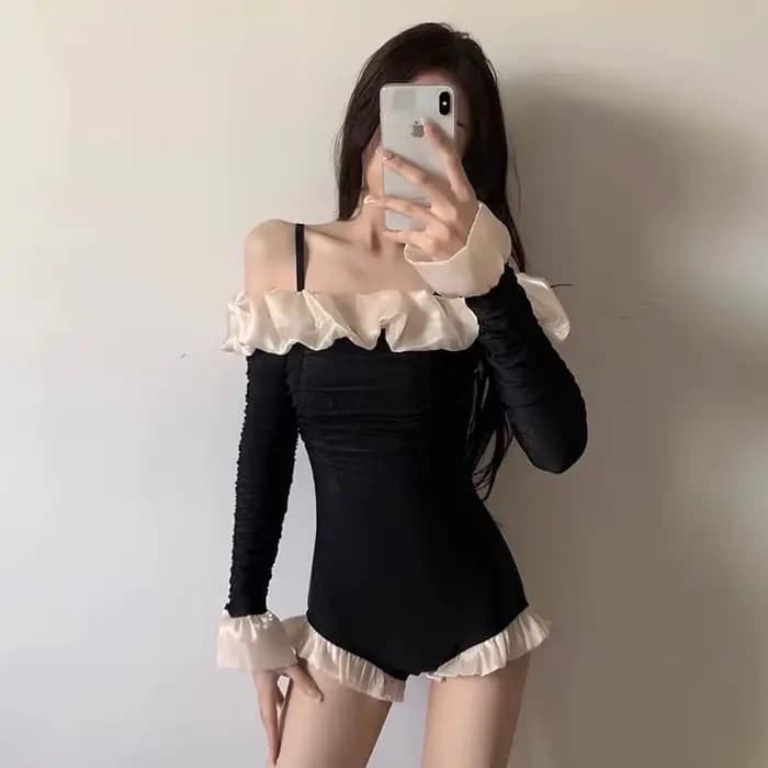 Nouveau maillot de bain Sexy une épaule ventre couvrant dos exposant minceur mode à volants à manches longues une pièce femmes