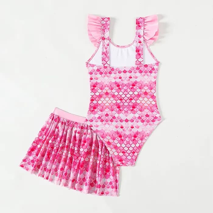 Nouveau maillot de bain une pièce pour filles avec jupe de plage rose imprimé sirène