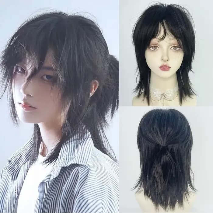 Perruques synthétiques courtes à tête de mulet avec frange pour hommes, cheveux lisses, noirs, gris, verts, pour fête quotidienne, Cosplay