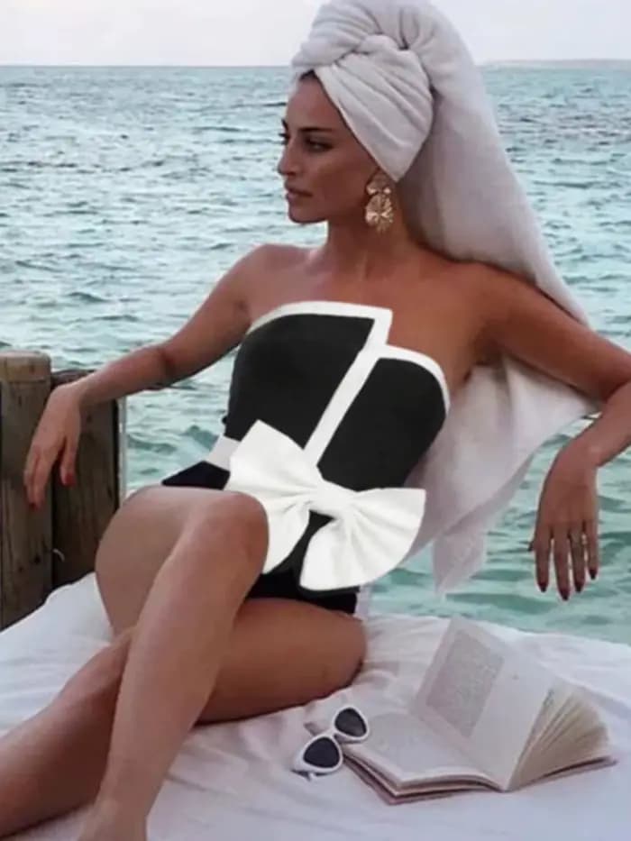 Maillot de bain une pièce noir et blanc pour femmes, modèle patchwork, taille haute, vêtements de plage