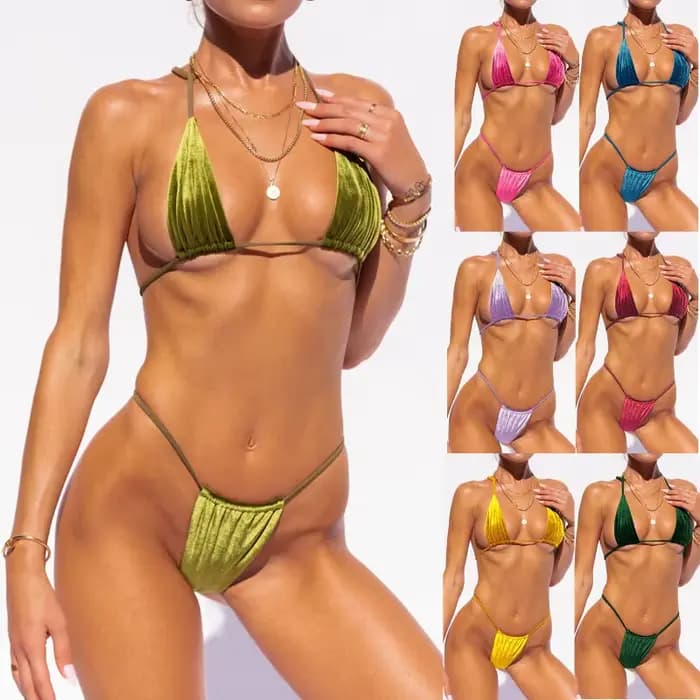 Vintage velours Bikini ensemble femmes maillot de bain mode Sexy Triangle fendu maillot de bain deux pièces Bikini plage piscine maillot de bain