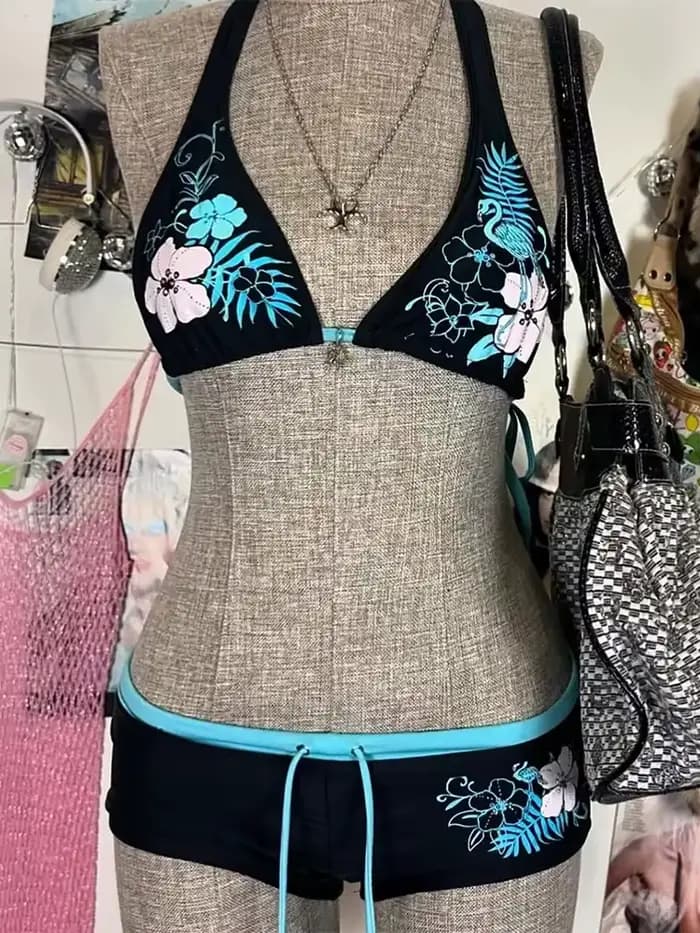 Vintage fleur imprimé Cutie ensemble Bikini 2000s maillot de bain Sexy femmes
