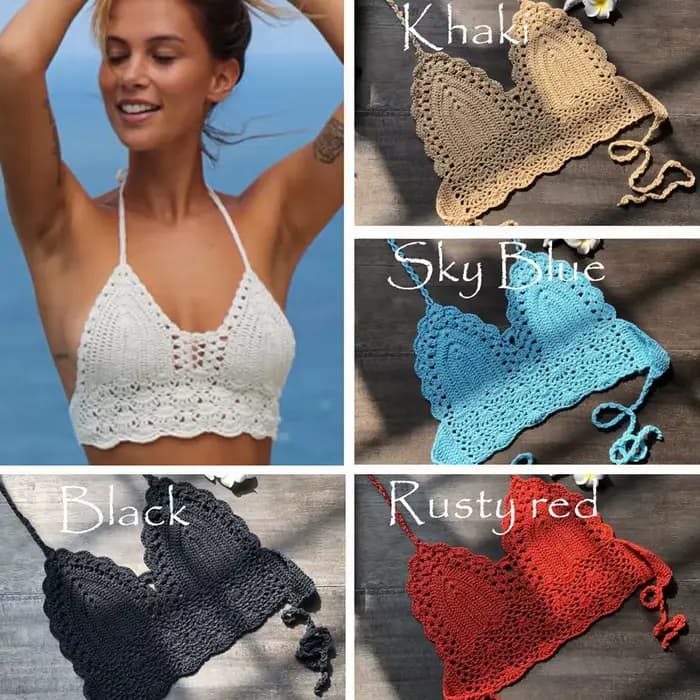 Crochet Bikini TopNew Triangle noir haut de Bikini femme évider maillot de bain Sexy natation soutien-gorge grand maillot de bain pour femme S M L XL