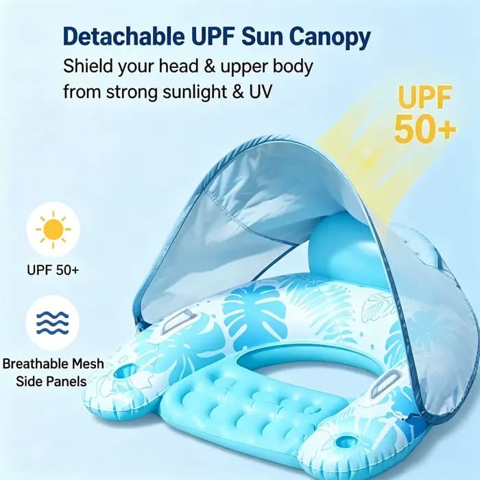 Fauteuil flottant gonflable pour piscine avec auvent pare-soleil, chaise inclinable flottante en forme de U avec porte-gobelets, radeau pour piscine et plage