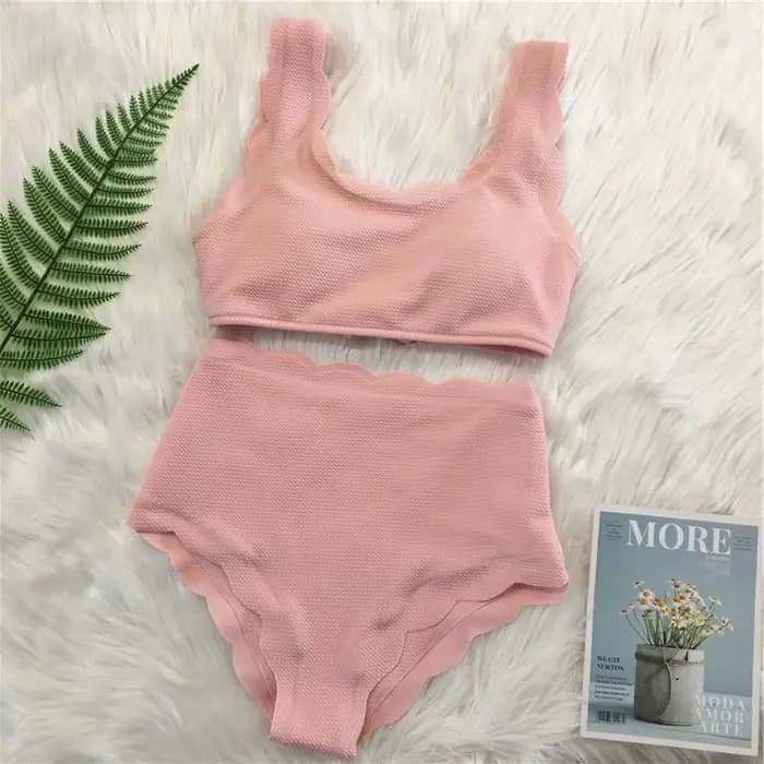 2025 nouvelles femmes maillot de bain festonné taille haute Bikini ensemble solide deux pièces grande