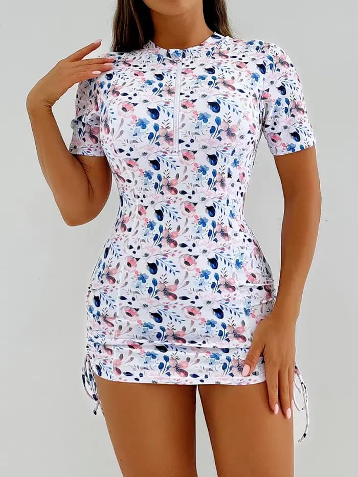 Maillot de bain deux pièces femme 2026 Nouveauté Manches courtes Imprimé Fermeture éclair Fendu Taille haute Tenue de