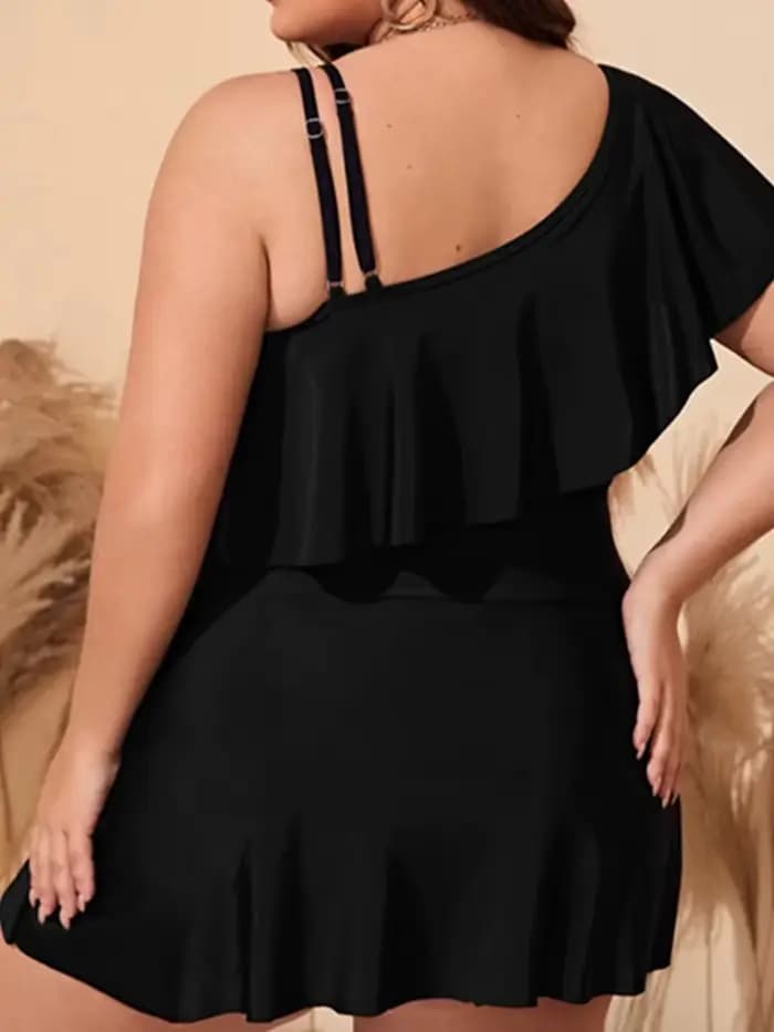 Maillot de bain deux pièces pour femmes, tankini noir, grande taille, grand bikini, une initiée à volants, vêtements de plage d'été