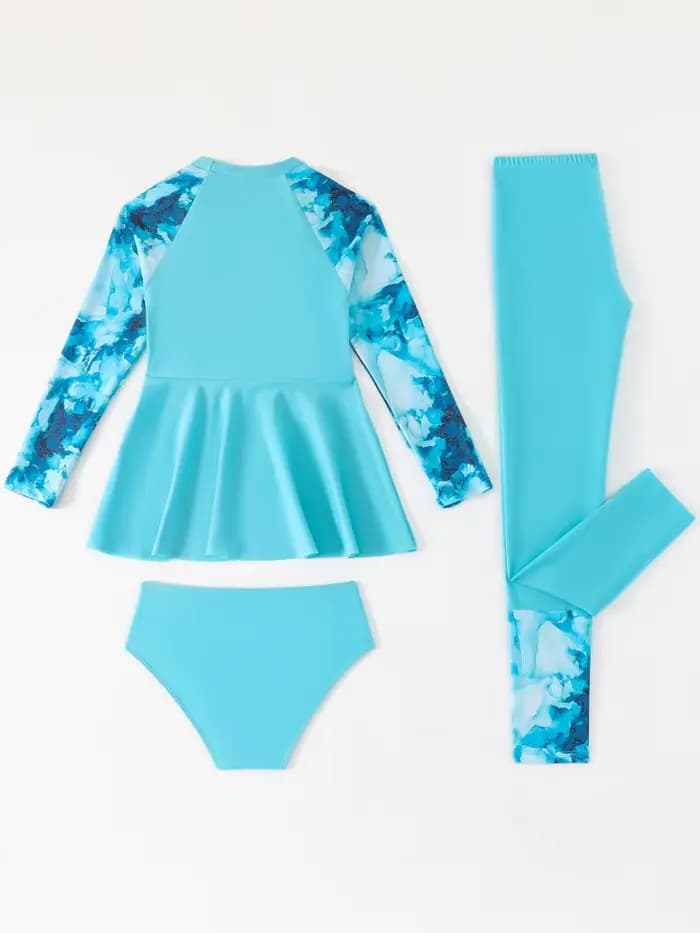 Maillot de bain pour filles 2026 Nouvelle collection – Ensemble 3 pièces tie-dye uni à manches longues