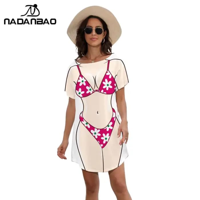 Nadanbao femmes sirène Bikini corps Pattrn T-shirt robe été Bikini couvrir robe à manches courtes Baggy chemises maillot de bain tendance