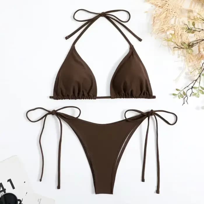 Sexy femmes string couleur unie Bikini ensemble femmes côté licou cravate maillot de bain sangle fendue réglable maillot de bain brésilien maillots de bain