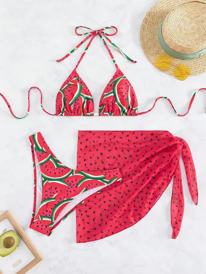 Ensemble de bikini triangle à imprimé pastèque pour femme avec paréo transparent, maillot de bain 3 pièces pour les vacances à la plage